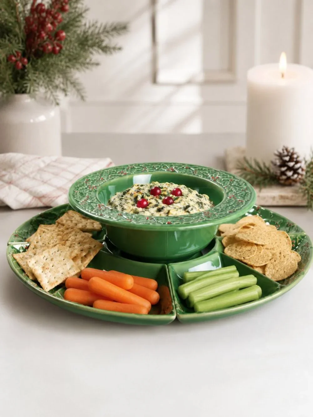 American Atelier Holly Berry Chip & Dip Set Stoneware Serving Bowl NIB